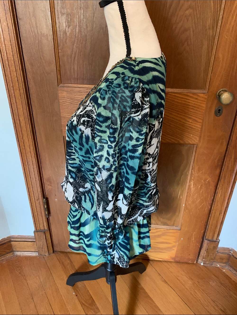 Jennie & Marlis Embellished Teal Animal-Print V-Neck Blouse - Picture 6 of 8